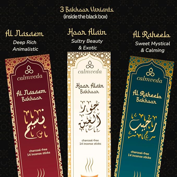 Arabian Oud Bakhoor Incense Sticks - بخور اماراتي (3 Variants, 40+ Incense) Deep Warm Arabic Incenses Like Al Nasaem, Hoor Alain & Al Raheeb Oud Bukhoor | Perfect Islamic Gifts or Eid Gifts CalmvedaIncenseAromatherapy