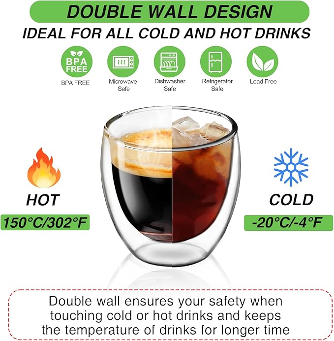Espresso Cups Set of 4, 3 OZ Expresso Shots Glass Cup, Double Walled Glass Coffee Mugs, Espresso Machine Accessories,Insulated Clear Espresso Shot Glasses Cups,Water Won't Enter Between Double Walls - Bloomnest