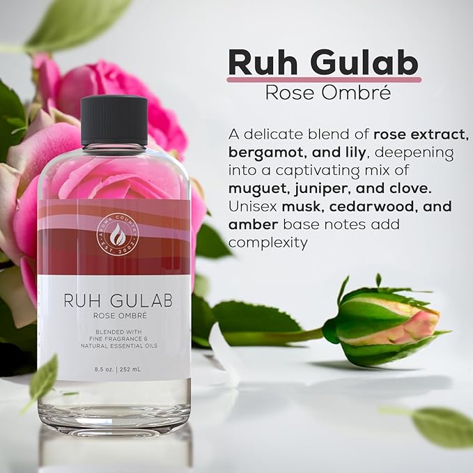 Aroma Country Ruh Gulab Diffuser Oil - Luxury Essential Oils for Diffuser Refill & Air Freshener Room Spray - Long-Lasting & Natural Home Fragrance, Damask Rose Scented Oil for Diffusers (8.5 Fl. oz) AromaCountry