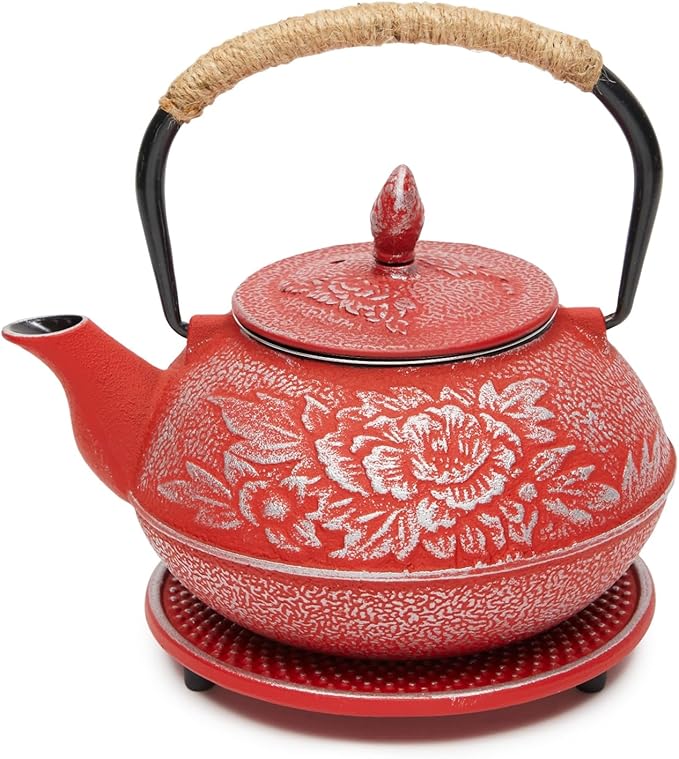 Juvale Japanese Cast Iron Teapot with Infuser - Red, 27 oz (800 ml), 3-Pc Teapot Set - Stovetop Kettle for Loose Leaf Brewing - Removable Stainless Steel Infuser & Trivet Included - Bloomnest