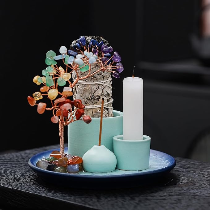 5 in 1 Incense Burner Holder with Crystal Tree for Burning Palo Santo Stick, Sage, Incense Sticks, Candle, Ceramic Tray Ash Catcher, Meditation Gift (Sky-Blue) - Bloomnest