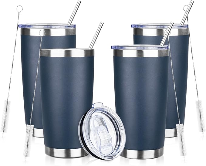 20oz Tumbler Bulk with Lid and Straw, Stainless Steel Double Wall Vacuum Insulated Travel Mug, Powder Coated Coffee Cups for Hot and Cold Drinks,Funny Gifts for Women Men(Navy Blue,4) - Bloomnest