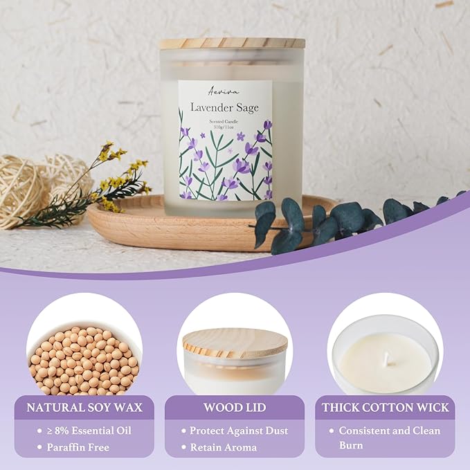 Lavender Sage Scented Candle, 11oz 60 Hour Burn, Natural Soy Wax with Thick Cotton Wick, Highly Scented Aromatherapy Candle for Stress Relief & Meditation, Gifts for Women & Men - Bloomnest