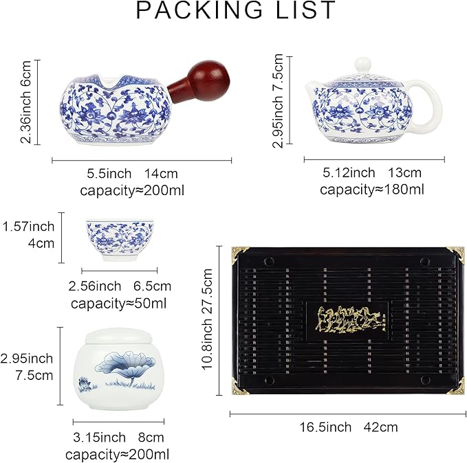 fanquare Kung Fu Tea Sets Lotus Pattern Blue and White Porcelain Tea Set with Teapot, Teacups, Fair Cup, Tea Tray, for Home Office, Traditional Chinese Tea Ceremony Set and Accessories
