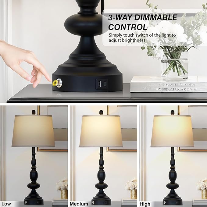 29" Black Modern Table Lamps Set of 2, Industrial Touch Control 3-Way Dimmable Bedside Lamp with USB C+A Ports, Metal Nightstand Lamps for Living Room Bedroom Office Home(2 LED Bulbs Included) - Bloomnest