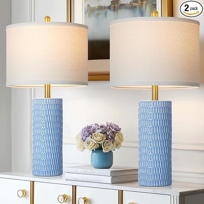 27" Blue Ceramic Lamps Set of 2, Coastal Ceramic Table Lamps for Living Room with Rotary Switch, Classic Bedside Lamp for Nightstand, Tall Lamps for Bedroom Side End Table Home Decor - Bloomnest