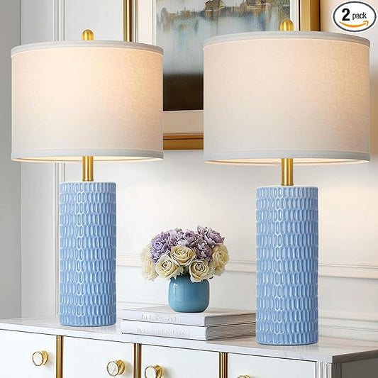 27" Blue Ceramic Lamps Set of 2, Coastal Ceramic Table Lamps for Living Room with Rotary Switch, Classic Bedside Lamp for Nightstand, Tall Lamps for Bedroom Side End Table Home Decor - Bloomnest