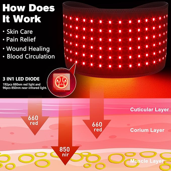 Cordless Rechargeable Red Light Therapy Belt, Wearable Infrared Light Therapy with Pulse Mode, Removable 4000 mAh Battery 5 Light Intensities to Relieve Back Body Pain - Bloomnest