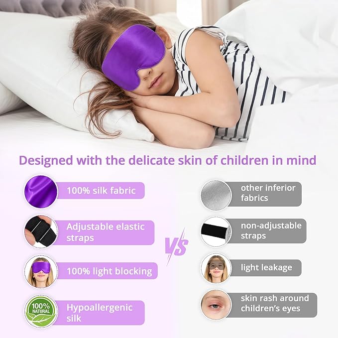 Kids Sleep Mask Eye Cover, 100% Real Natural Pure Silk Eye Mask with Adjustable Strap, Blindfold Kids Eye Mask for Sleeping, Eye Shade for Boys Girls and Adult, Pressure-Free Comfort (Violet) - Bloomnest
