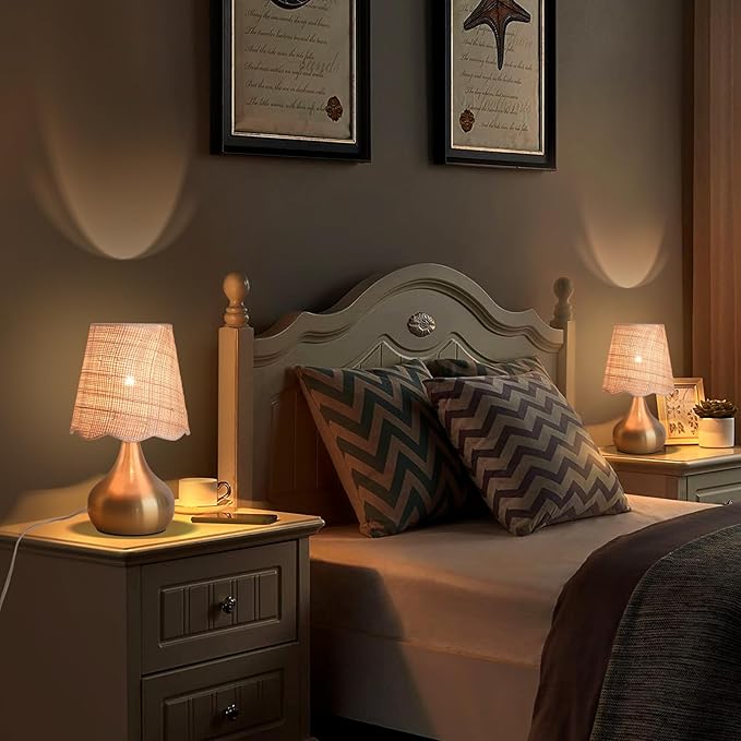 Gold Small Bedside Table Lamp for Bedroom, Brass Gold Mini Table Lamps for Nightstand, Rattan Shade Table Lamps for Small Spaces for Kitchen Counter, Bookshelf, Bedroom, Living Room, Kids Dorm - Bloomnest