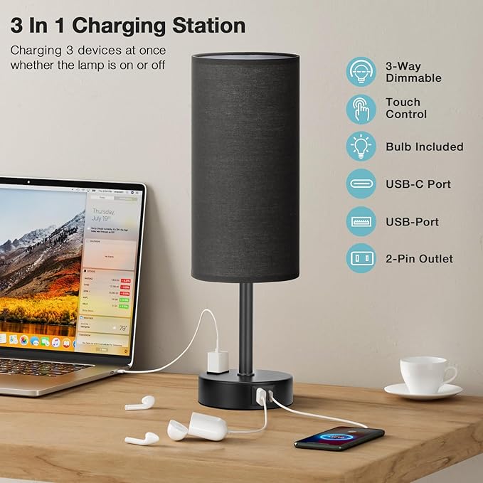 Fenmzee Black Bedroom Lamp for Nightstand - 3 Way Dimmable Bedside Lamp USB C A Charging Ports and AC Outlet, Small Table Lamp Black Base for Living Room, Office Desk, LED Bulb Included - Bloomnest