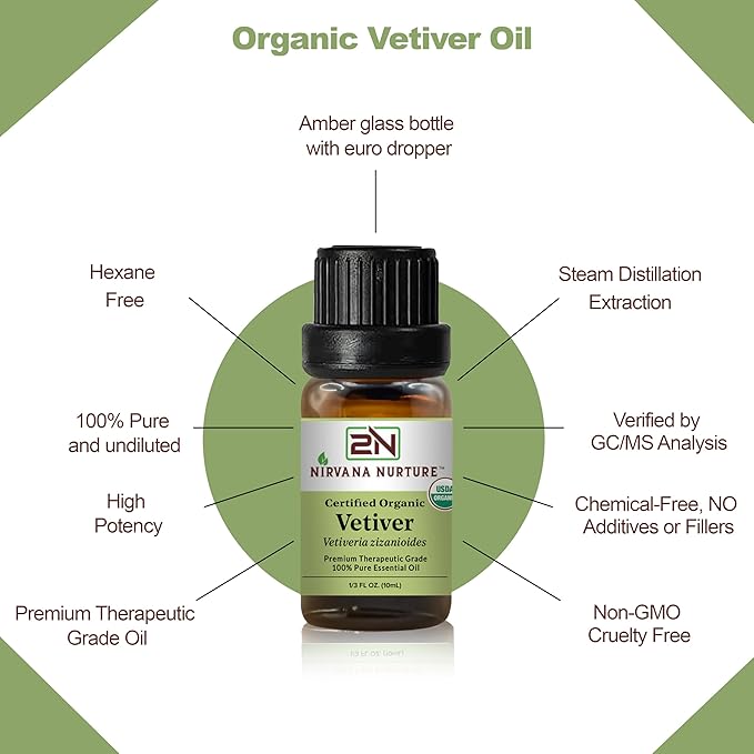 Vetiver Essential Oil, USDA Certified Organic, 100% Pure Undiluted, Aromatherapy Oil for Diffuser, Hair & Skin Care NirvanaNurture