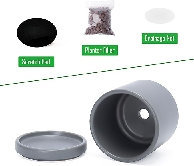 D'vine Dev Set of 2 Plants Pots, 3.5 Inch Ceramic Planter Pot for Plants with Drainage Hole and Saucer, Speckled Grey, 94-V-A-3 - Bloomnest