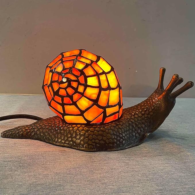 Bieye L10963 Land Snail Tiffany Style Stained Glass Accent Table Lamp for Home Decoration (Orange, 10" D x 5" W x 5" H) - Bloomnest