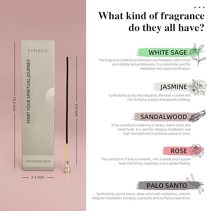 White Sage & Sandalwood Incense Sticks Bundle - 100 Sticks + Holder, 6 Scents (Dragon's Blood, Lavender, Jasmine & More) for Relaxation, Sleep & Positive Energy YINECO