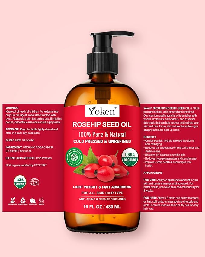 Organic Rosehip Seed Oil, USDA 100% Pure Rosehip Oils for Face, Hair & Body, Large Glass Bottle 16 fl oz Cold Pressed Rose Hip Oil for Skin Care, Moisturizing, Massage, Gua Sha & DIY Blends - Bloomnest