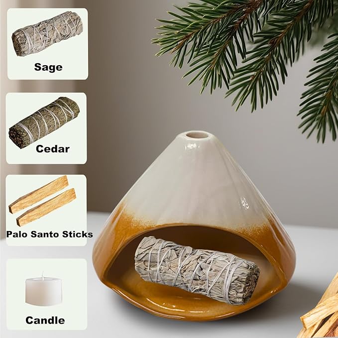 Ceramic Palo Santo Holder,Fuji Mountain Shape Incense Stick Burner for Yoga,Meditation,and Energy Cleansing Shower, Anxiety Relief for Women, Meditation with Gift Box (Brown and White) - Bloomnest