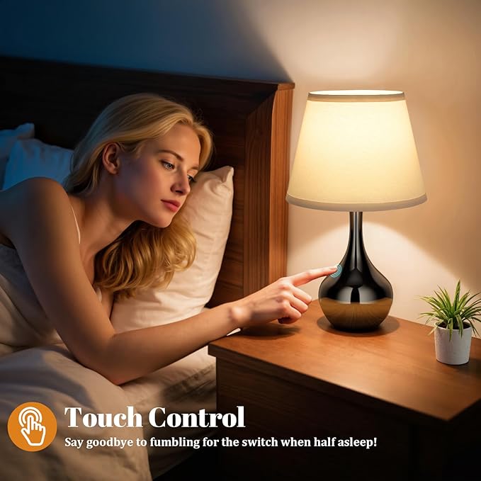 Seealle Touch Table Lamp for Bedroom, 3-Way Dimmable Small Bedside Lamps for Night Stands with Wires, Pearl-Black Desk Lamp for Kids Room, Office, Living Room, End Table(LED Bulb Included) - Bloomnest