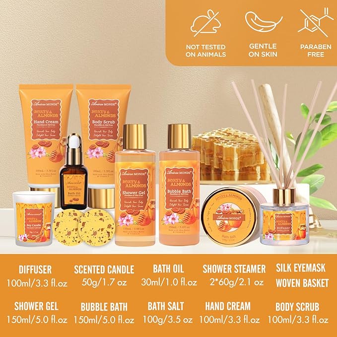 Gift Baskets for Women, Bath and Body Gift Set for her with 13pcs Honey Almond Scented Spa Gifts for Women, Bath Sets Includes Scented Candle, Shower Steamer, Bubble Bath, Bath Salt. Mothers Day Gifts - Bloomnest