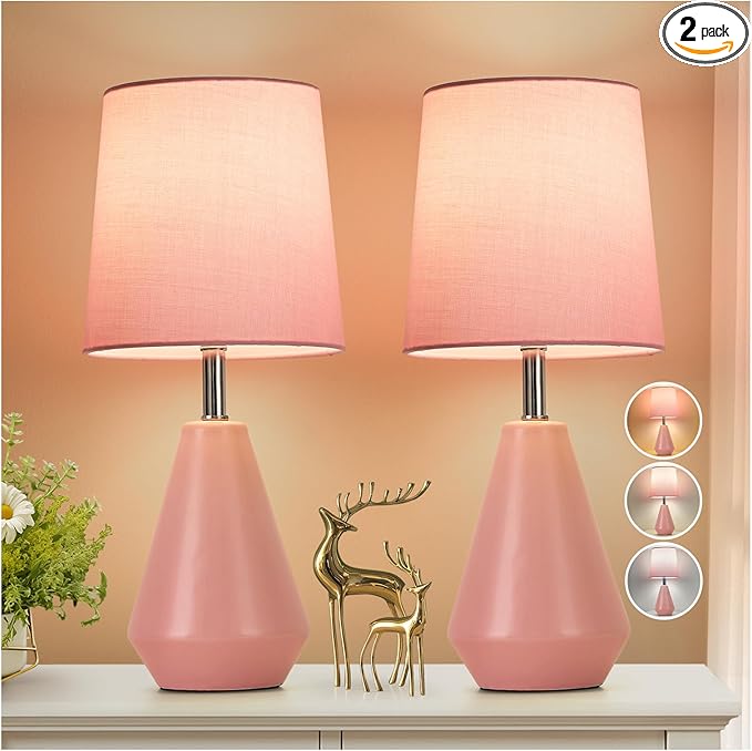Small Bedside Table Lamp for Bedroom-Reading Desk Lamp Set of 2,with 3 Color Temperatures,15.5" Nightstand Ceramic Lamp with Fabric Shade for Kids Room,Living Room,Dorm,Home Office(Pink) - Bloomnest