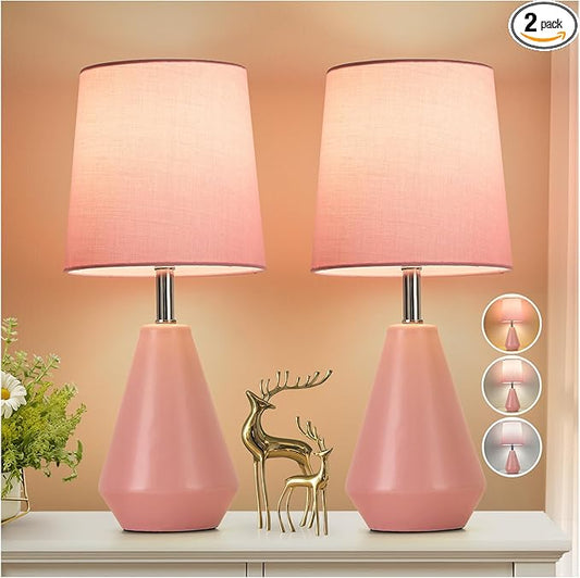 Small Bedside Table Lamp for Bedroom-Reading Desk Lamp Set of 2,with 3 Color Temperatures,15.5" Nightstand Ceramic Lamp with Fabric Shade for Kids Room,Living Room,Dorm,Home Office(Pink) - Bloomnest