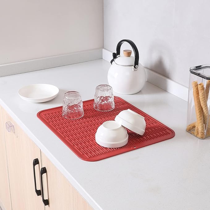Silicone Dish Drying Mat for Multiple Usage,Easy clean,Eco-friendly,Heat-resistant Silicone Mat for Kitchen Counter or Sink,Refrigerator or Drawer Liner Red XL 18 inches x 16 inches - Bloomnest