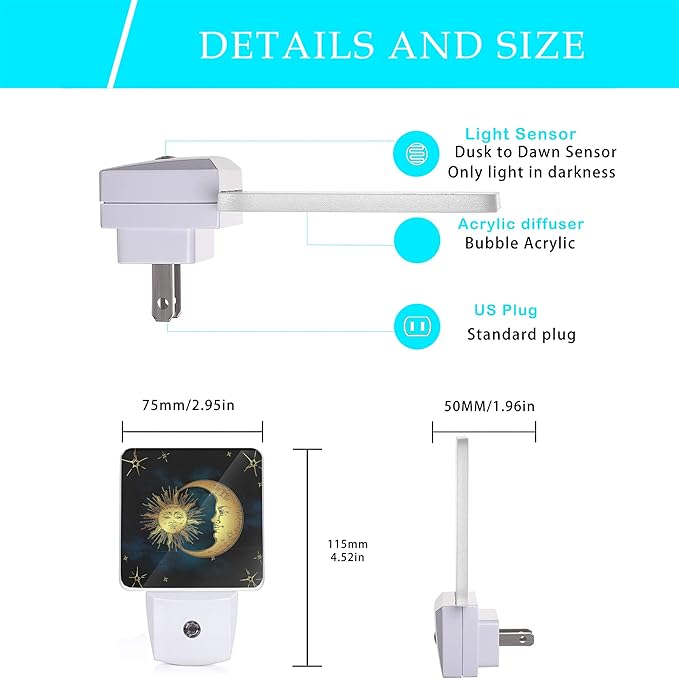 Celestial Moon Golden Sun Night Light,Boho Chic Stars Night Lights Plug into Wall with Dusk to Dawn Light Sensors 0.5W Dim Night-Lights for Bedroom - Bloomnest