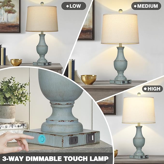 Farmhouse Table Lamps, Rustic 26" Touch Control Bedside Lamps with USB A+C Charging Ports & AC Outlet, Vintage 3-Way Dimmable Traditional Classic Nightstand Lamp for Living Room Bedroom Office Decor - Bloomnest