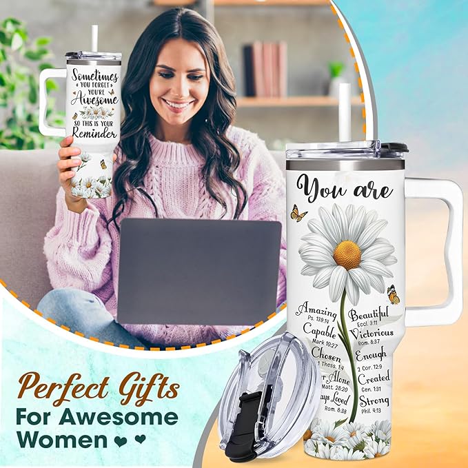 Christian Daisy Gifts for Women - Inspirational Faith Tumbler With Handle & Straw - 40Oz, Daisy Theme - Birthday, Mothers Day, Christmas - Bloomnest
