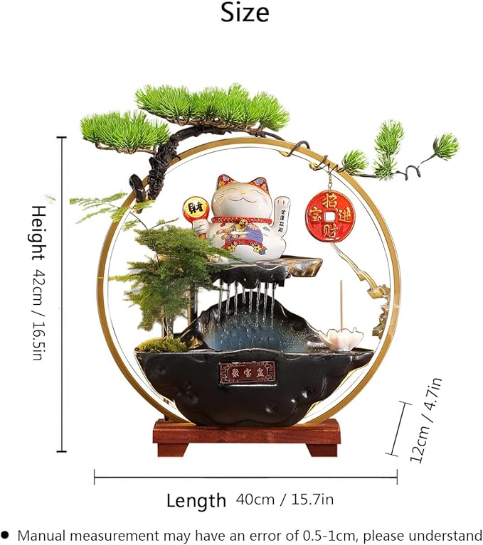 Desk Waterfall Fountain Indoor with Chinese Ceramic Lucky Cat Waving Arm Figurine,Tabletop Mini Water Fountain Decoration with Mist，Adjustable LED Light Ring and Backflow Incense Burner Holder - Bloomnest