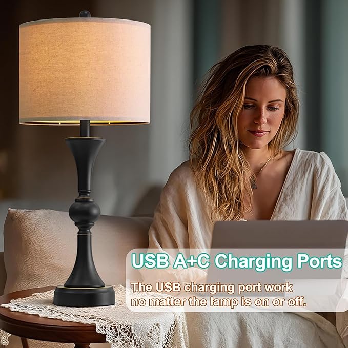 Table Lamps Set of 2, 28" Tall Bedside Table Lamp for Living Room, Bedroom, End Table Lamps with USB A+C Charging Ports, Modern Nightstand Lamps, Matte Black Finish, Farmhouse - Bloomnest
