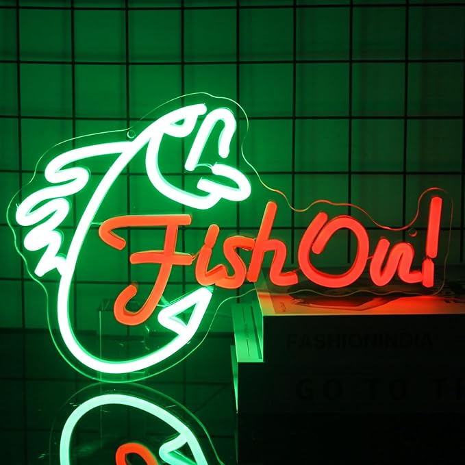 Fish On Neon Sign Go Fishing LED Signs for Wall Green Red Neon Light Dimmable Neon Lights Signs Fish Neon Light Up Sign for Bedroom Living Room Man Cave Yacht Decor Men Gifts - Bloomnest