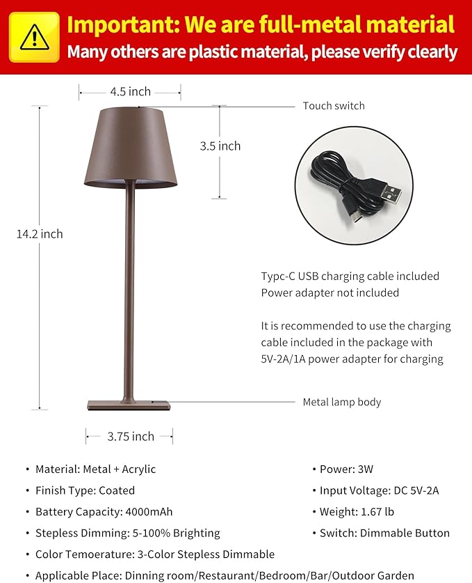 KDG 2 Pack Cordless Table Lamp,Portable LED Desk Lamp, 4000mAh Battery Operated, 3 Color Stepless Dimming Up, for Restaurant/Bedroom/Bars/Outdoor Party/Camping/Coffee Shop Night Light(Brown) - Bloomnest
