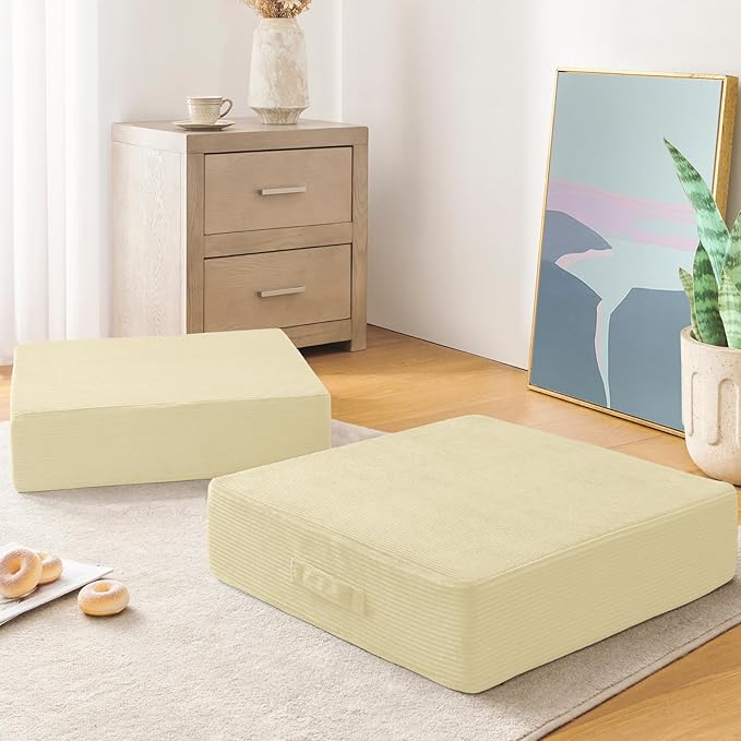 Wellsin Solid Square Floor Pillows for Adults Kids - Large Meditation Floor Pillow Seating Cushion with Thick Foam & Washable Velvet Cover, 2 Pack, 22x22x5 Inch, Beige - Bloomnest