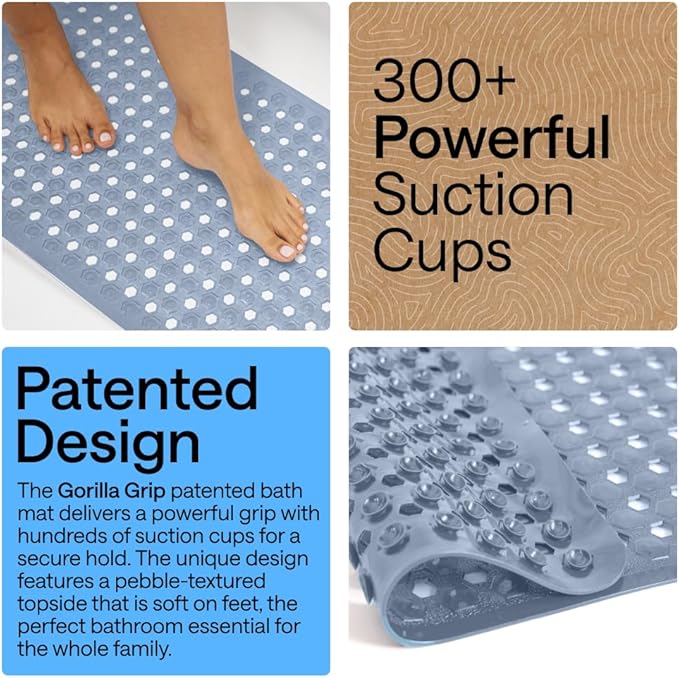 GORILLA GRIP Patented Bath Tub Shower Mat, Machine Washable Bathtub Floor Liner Mats, Suction Cups and Drain Holes to Keep Tubs Clean, Soft on Feet, Bathroom Essentials, 35x16 Inch, Sky Blue Opaque - Bloomnest