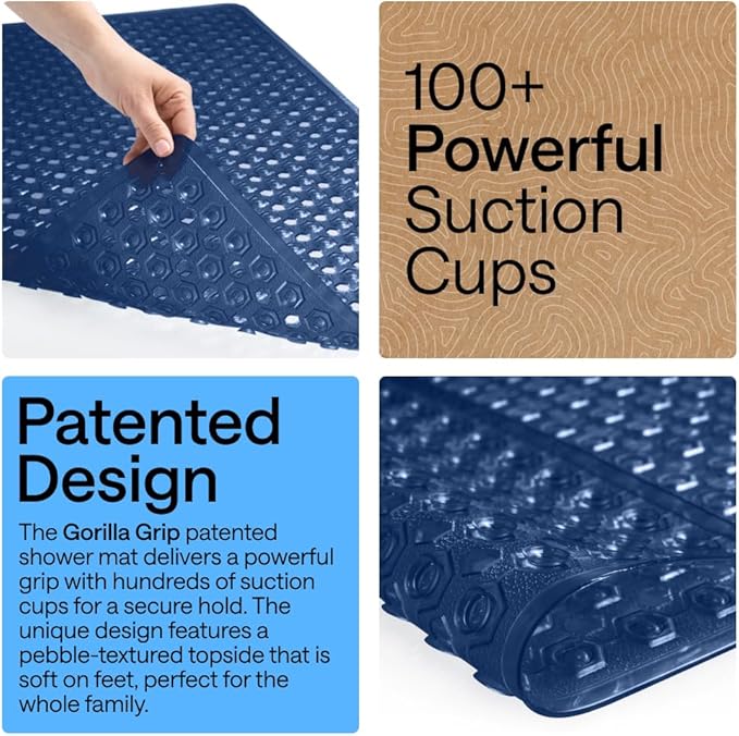 GORILLA GRIP Patented Square Shower Stall Mat, Small Bathtub Floor Mats for Stand Up Showers, Suction Cups and Drainage Holes, Machine Wash, Soft on Feet, Bathroom Accessories 21x21 Inch, Navy Blue - Bloomnest