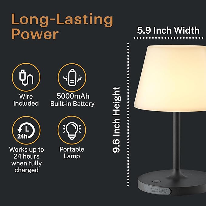 Cordless Lamp, 5000mAh Battery Operated Rechargeable Table Lamp with Power Bank, Touch Dimmable 3 Color Temperatures, IP44 Waterproof Shower Lamp for Kitchen, Bathroom, Indoor Or Outdoor Use 9.6in - Bloomnest