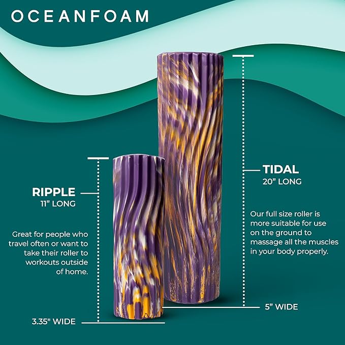 Oceanfoam Tidal Roller - Purple, Gold & Natural Marbled - Muscle Massage Foam Roller for Back Pain & Stretching - Firm & Ergonomic Wide Wave Textured - Yoga, Athletics, Wellness - Full Size, 20" x 5"