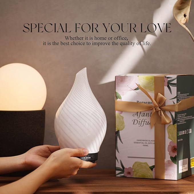 Porseme 150ml Essential Oil Diffuser Glass Color Changing Aroma Air Diffusers Aromatherapy Ultrasonic Cool Mist Humidifier 6 Running Hours Waterless Auto-Off for Sleeping Yoga Office Spa (Pure White) - Bloomnest