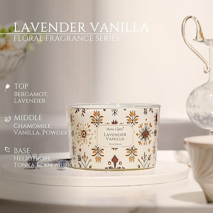 HomeLights Large jar Candle | 4-Wick Long-Lasting Scented Candles, 18oz Natural Soy Wax Candle for Home Scented, Bohemian Natural Textures Gifts for Women & Men, Lavender Vanilla - Bloomnest