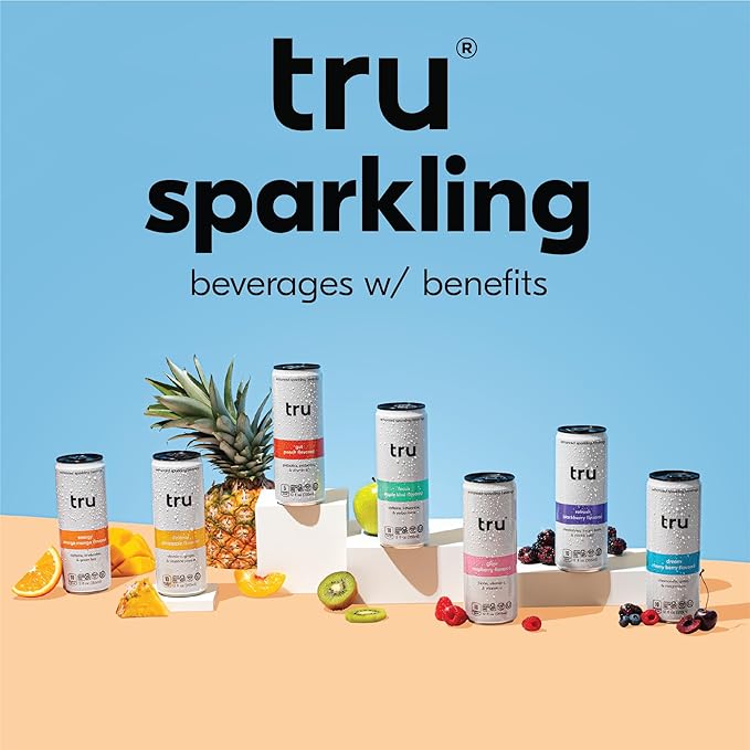 Tru Gut Seltzer, Sparkling Water with Prebiotics, Probiotics & Vitamin B3, Peach Juice & Natural Flavor, Lightly Carbonated, Gluten Free, Vegan, Caffeine Free, Low Calorie, 12 FL OZ Cans, 12 Pack - Bloomnest