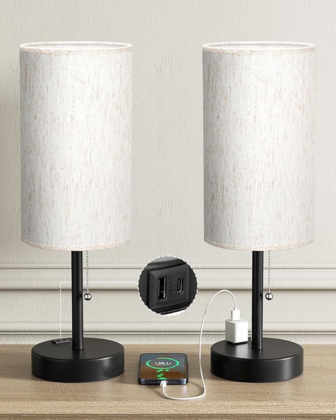 Fenmzee Plus Bedside Table Lamps Set of 2-3 Color Temperatures Pull Chain Lamp with AC Outlet Charging Port, Round Night Stand Lamps for Bedroom Guest Room Office, Bed Side Light with E26 LED Bulbs - Bloomnest