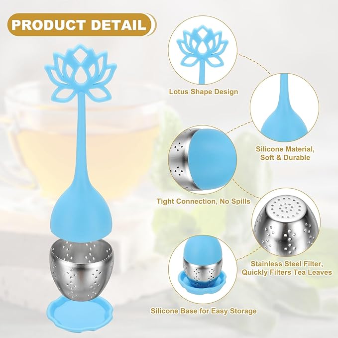uxcell 2 Pcs Lotus Tea Infuser, Stainless Steel Loose Leaf Tea Steeper Filter with Silicone Handle Reusable Coarse Pores Mesh Strainer Diffuser for Teacups Teapots Mugs, Blue - Bloomnest