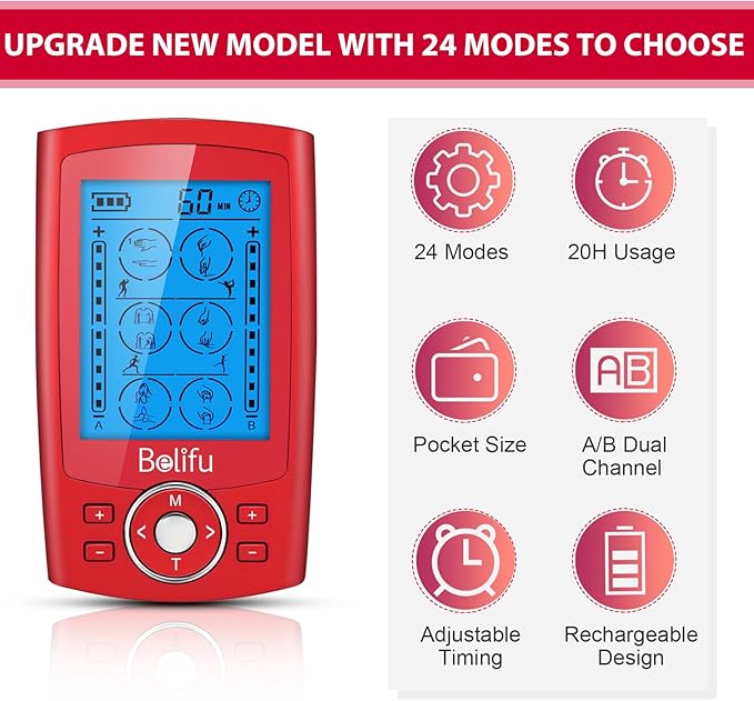 Belifu Dual Channel TENS EMS Unit 24 Modes Muscle Stimulator for Pain Relief Therapy, Electronic Pulse Massager Muscle Massager with 10 Pads, Dust-Proof Drawstring Storage Bag, Fastening Cable Ties Belifu