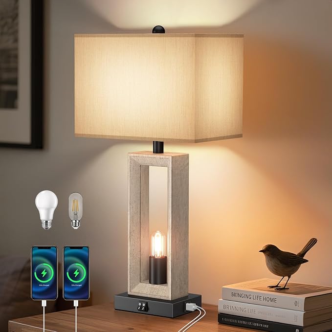 25" Retro Vintage Farmhouse Table Lamps for Living Room Bedroom Nightstands Decor Lamps with USB A+C Port , Modern lamp 3-way Dimmable Bedside Lamps included 4 LED Bulbs for End Table Entryway - Bloomnest