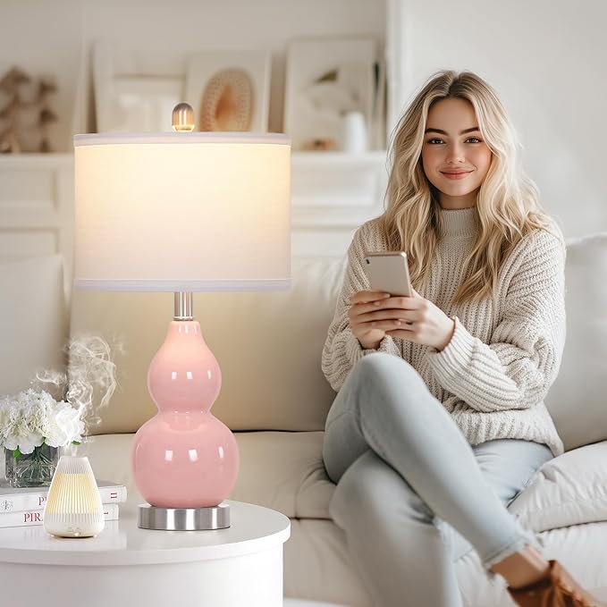 Double Gourd Ceramic Table Lamps Set of 2, Modern Pink Bedside Lamps for Night Stand, Contemporary Nightstand Lamps for Bedroom Living Room (Bulb Included) - Bloomnest