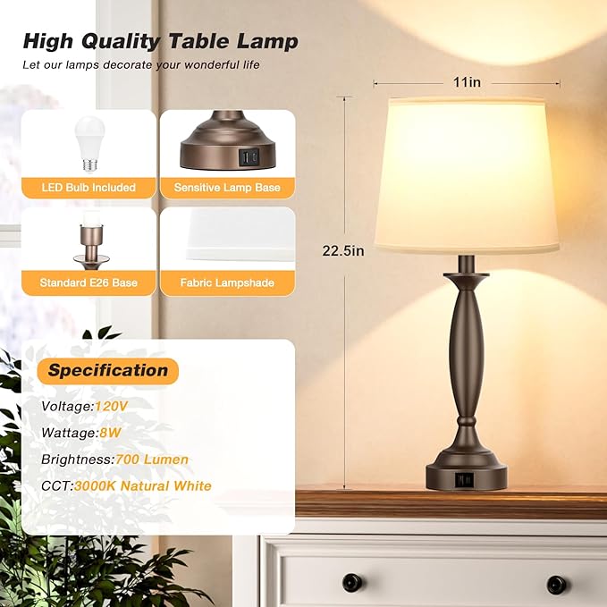 Seealle White Brown Lamps for Bedrooms Set of 2 - Touch Control Bedside Lamp with USB C+A, 3 Way Dimmable Nightstand Lamps with USB Port, Table Lamp for Living Room(White Shade and Brown Base) - Bloomnest