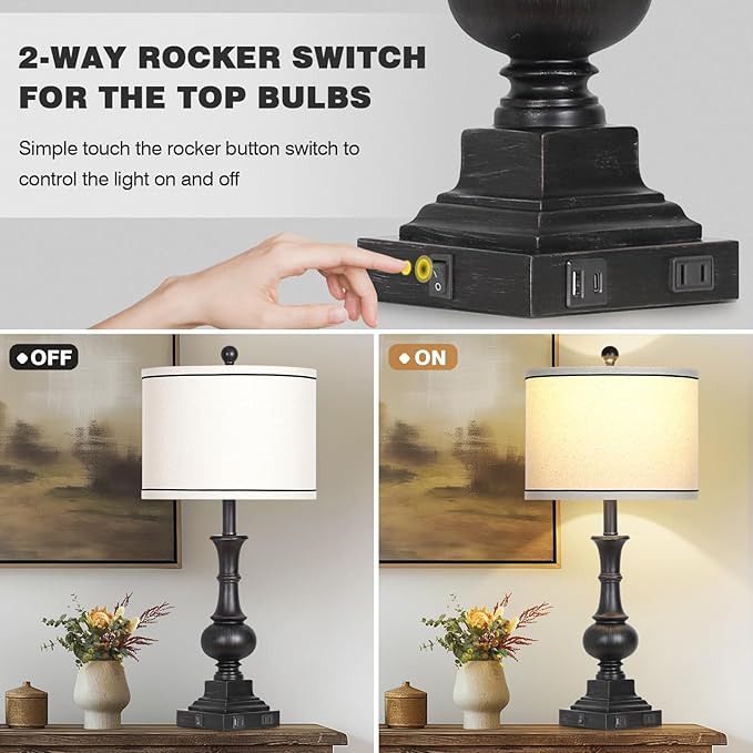 Farmhouse Lamps Set of 2, Antique Vintage Rustic Touch Control Table Lamps with USB A+C Ports & AC Outlet, Retro Classic Bedside Nightstand Lamp for Living Room Bedroom Office Black - Bloomnest