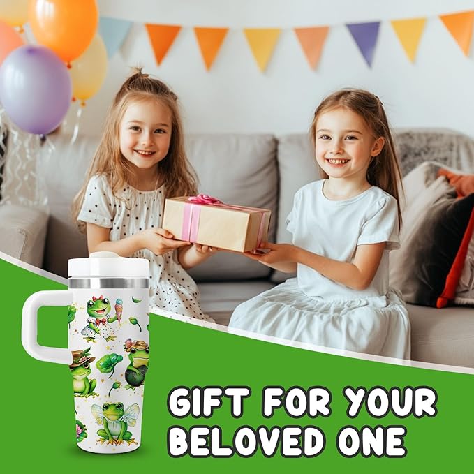Frog Tumbler Gifts, 14 oz Frog Themed Tumbler with Handle and Straw, Stainless Steel Double Wall Vacuum Insulated Cup Keep Hot Cold - 14oz Travel Mug with Lid Tumblers for Home Work Outdoor Use - Bloomnest