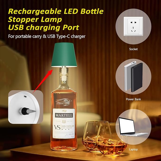 2025 New Wireless Bottle Lamp - LED Bottle Lights for Liquor & Wine Bottles, Cordless Lampshade, Whiskey Bottle Top Light, Bottle Stopper Night Light Kit, Rechargeable 3-Tone Touch-Dimmable - Bloomnest